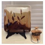 MMM099 Vintage Jeff Chang Pottery Serving Plate & Jar Set