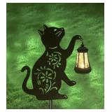 MMM127 Two Black Metal Cat Silhouettes Holding Solar Lanterns New
