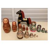 MMM194 Russian Wooden Nesting Matryoshka Dolls & Wooden Horse 