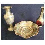 PPE070 - Vintage Brass Pedestal Bowl and Two Brass Vases 