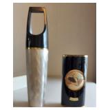 PPE170 Vintage Chokin Art Vase Set - Engraved Silver & Black Lacquer with Gold Trim