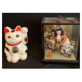 PPE225 Goodluck Cat and Samurai Doll in Lacquer Case