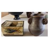 PPE272 Handcrafted Ceramic Soap Dish with Fish Motif & Small Pottery Vase with Handles