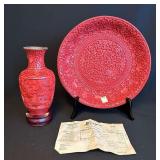PPE335- Kenzar Display Carved Cinnabar Plate And Vase