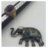 PPE403-Silver Amethyst Ring And Elephant Pin