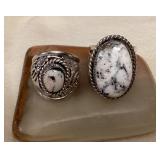NSJ029 Two Navajo White Buffalo Turquoise Sterling Silver Rings Size 11.5