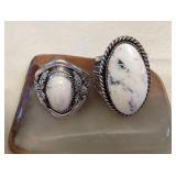 NSJ051 Two Navajo White Buffalo Turquoise Sterling Silver Rings Size 12.25