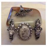 NSJ066 Four Navajo Sterling Silver & White Buffalo Turquoise Rings Size 8.5