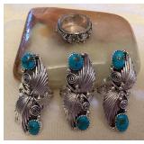 NSJ071 Four Navajo Sterling Silver & Turquoise Rings Size 6.5
