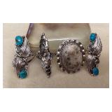 NSJ074 Four Navajo Sterling Silver White Buffalo Turquoise & Turquoise Rings Size 9.5