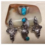 NSJ082 Four Navajo Sterling Silver & Turquoise Rings Size 10