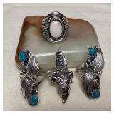 NSJ083 Four Navajo Sterling Silver White Buffalo Turquoise & Turquoise Rings Size 10
