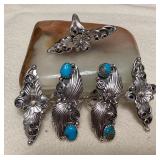 NSJ086 Five Navajo Sterling Silver & Turquoise Rings Size 7