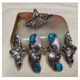 NSJ087 Five Navajo Sterling Silver & Turquoise Rings Size 7