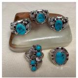 NSJ089 Five Navajo Sterling Silver & Turquoise Rings Size 9