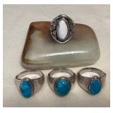 NSJ093 Four Navajo Sterling Silver White Buffalo Turquoise & Turquoise Rings Size 11