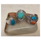 NSJ094 Three Navajo Sterling Silver Turquoise & Coral Rings Size 12
