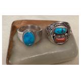 NSJ095 Two Navajo Sterling Silver Turquoise & Coral Rings Size 12.5