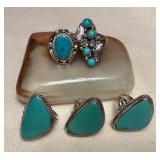 NSJ097 Five Navajo Sterling Silver Turquoise Rings Size 7.5