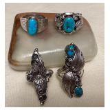 NSJ098 Four Navajo Sterling Silver & Turquoise Rings Size 9.5