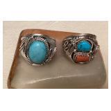 NSJ104 Two Navajo Sterling Silver Turquoise & Coral Rings Size 15
