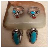 NSJ105 Four Navajo Sterling Silver Turquoise & Coral Rings Size 7