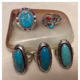 NSJ106 Five Navajo Sterling Silver Turquoise & Coral Rings Size 7