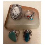 NSJ107 Four Navajo White Buffalo Turquoise, Turquoise & Coral Rings Size 8