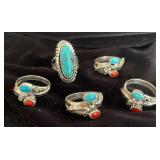 NSJ108 Five Sterling Silver Rings With Turquoise /Coral Settings Sz 8 1/2