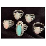NSJ109 - Five Hand Crafted Sterling Silver Opal & Turquoise Rings Sz 9