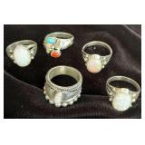 NSJ110 - Five Hand Crafted Sterling Silver Opal & Turquoise Rings Sz 9 