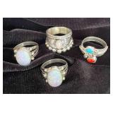 NSJ112 - Four Navajo Sterling Silver Opal & Turquoise Rings Sz 7.5 