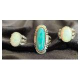 NSJ113 - Three Navajo Sterling Silver Rings - One Turquoise & Two Opal Sz 6