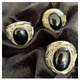 NSJ117 - Three Men’s Black Onyx Navajo Sterling Silver Rings Sz 10-11