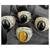 NSJ120 - Four Handcrafted Men’s Navajo Sterling Silver Rings Sz 12-12.5 - Black Onyx & Tigers Eye