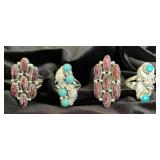 NSJ124 - Four Navajo Sterling Silver Purple Spiny Oyster & Turquoise Rings Sz 7.5-8