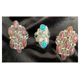 NSJ125 - Three Navajo Sterling Silver Rings Sz 7 With Turquoise & Purple Spiny Oyster