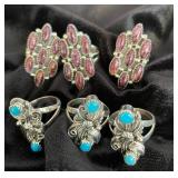 NSJ126 - Six Navajo Sterling Silver Rings Sz 8.5 In Turquoise & Purple Spiny Oyster