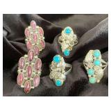 NSJ128 - Five Navajo Sterling Silver Rings Sz 8-9 With Turquoise & Purple Spiny Oyster Stones
