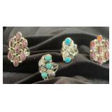 NSJ129 - Four Navajo Sterling Silver Rings Sz 8 With Turquoise & Purple Spiny Oyster Stones