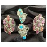 NSJ130 - Four Navajo Sterling Silver Rings Sz 8 With Turquoise & Purple Spiny Oyster Stones