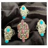 NSJ131 - Four Navajo Sterling Silver Rings Sz 6 With Turquoise & Purple Spiny Oyster Stones