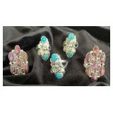 NSJ132 - Five Navajo Sterling Silver Rings Sz 6 With Turquoise & Purple Spiny Oyster Stones