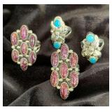 NSJ133 - Four Navajo Sterling Silver Rings Sz 7 With Turquoise & Purple Spiny Oyster Stones