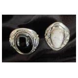 NSJ134 - Two Men’s Navajo Sterling Silver Rings Sz 13 With Black Onyx & White Buffalo Turquoise