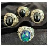 NSJ135 - Four Men’s Navajo Sterling Silver Rings Sz 13 With Azurite Malachite & Black Onyx