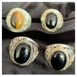 NSJ136 - Four Men’s Navajo Sterling Silver Black Onyx & Tiger’s Eye Rings Sz 12.5-13