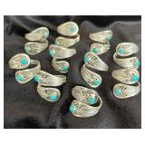 NSJ150 - Ten Navajo Sterling Silver Feather Wrap Rings With Turquoise Sz 7-10