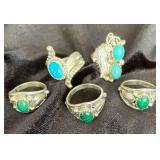 NSJ151 - Five Navajo Sterling Silver Rings With Turquoise & Malachite Stones Sz 6-6.25