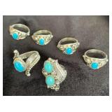 NSJ152 - Six Navajo Sterling Silver Turquoise Rings Sz 5-6